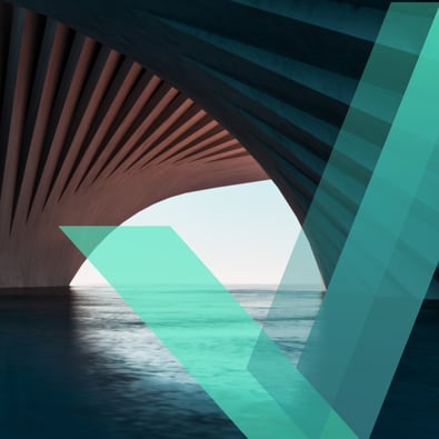 Modern ribbed architecture over water with an overlay of the LRQA tick