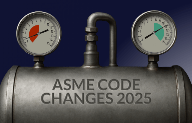 Two pressure gauges on a metal cylinder with the text 'ASME CODE CHANGES 2025